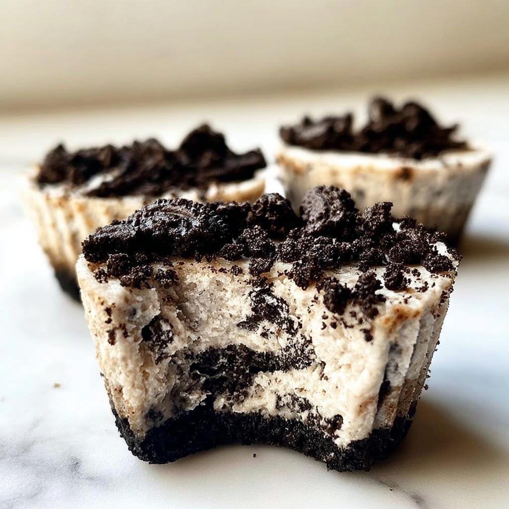 A close-up of a Healthy No-Bake Oreo Cheesecake Bite with a bite taken out, showing layers of cream cheese and crushed Oreos.