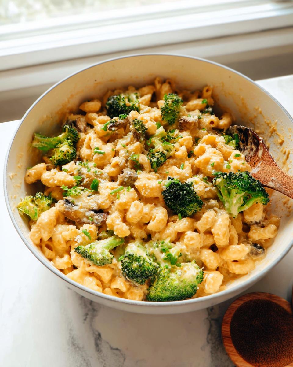 A close-up of a pot filled with creamy Healthy One Pot Broccoli Mac & Cheese, featuring pasta, broccoli florets, and mushrooms.