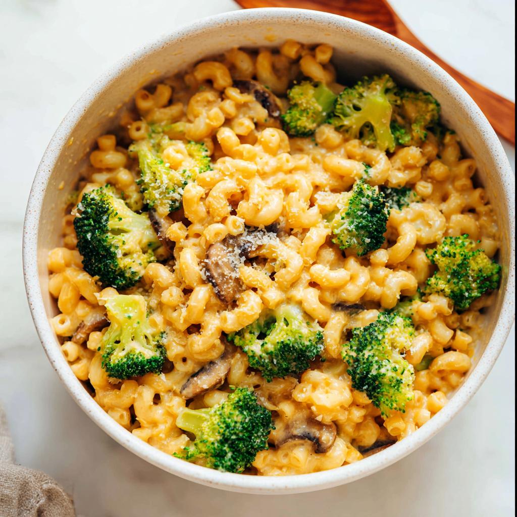 A bowl of Healthy One Pot Broccoli Mac & Cheese with tender pasta, vibrant broccoli florets, and sliced mushrooms.