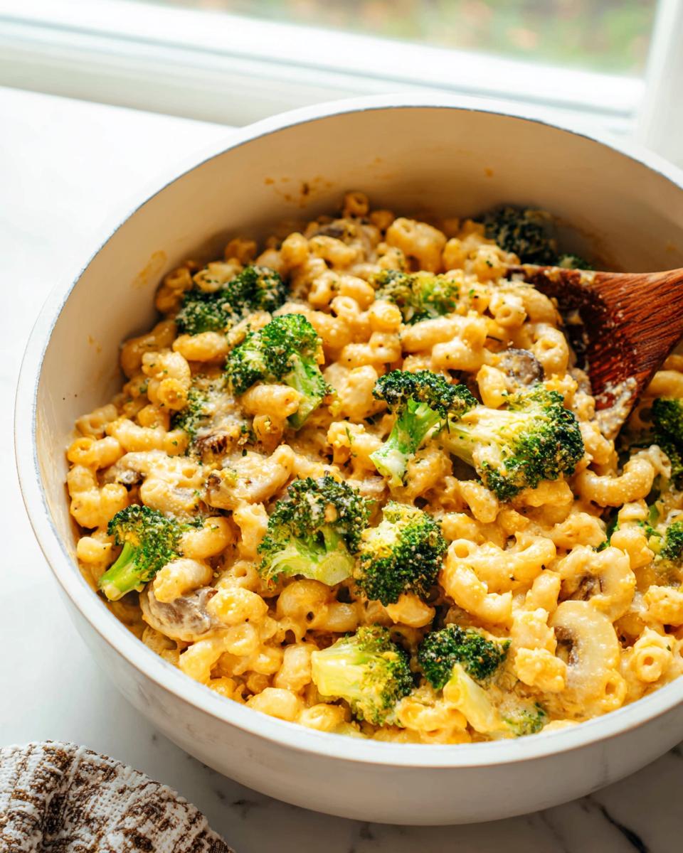 A bowl of Healthy One Pot Broccoli Mac & Cheese, featuring elbow macaroni, creamy cheese sauce, and fresh broccoli florets.