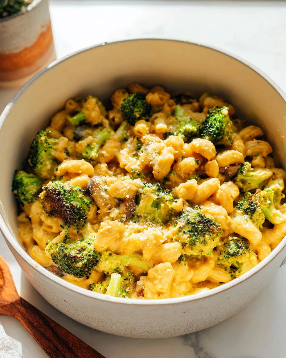 A bowl of Healthy One Pot Broccoli Mac & Cheese, featuring pasta, broccoli florets, and a creamy cheese sauce.