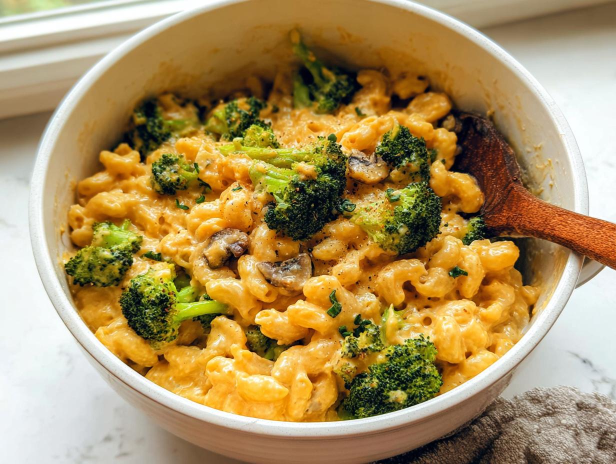 A bowl of creamy Healthy One Pot Broccoli Mac & Cheese with florets of broccoli and mushrooms.