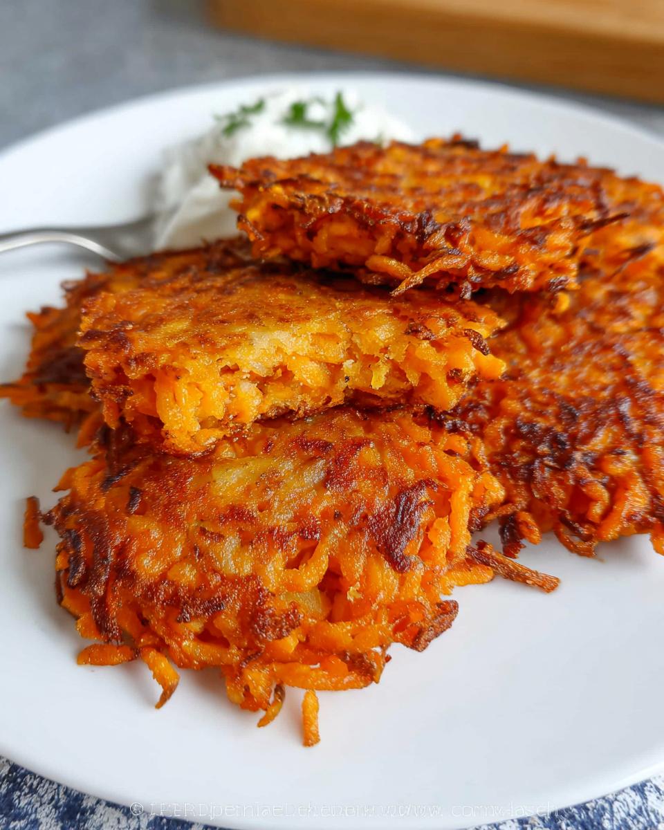 A stack of golden-brown, crispy Healthy Sweet Potato Hash Browns on a white plate with a dollop of sour cream.