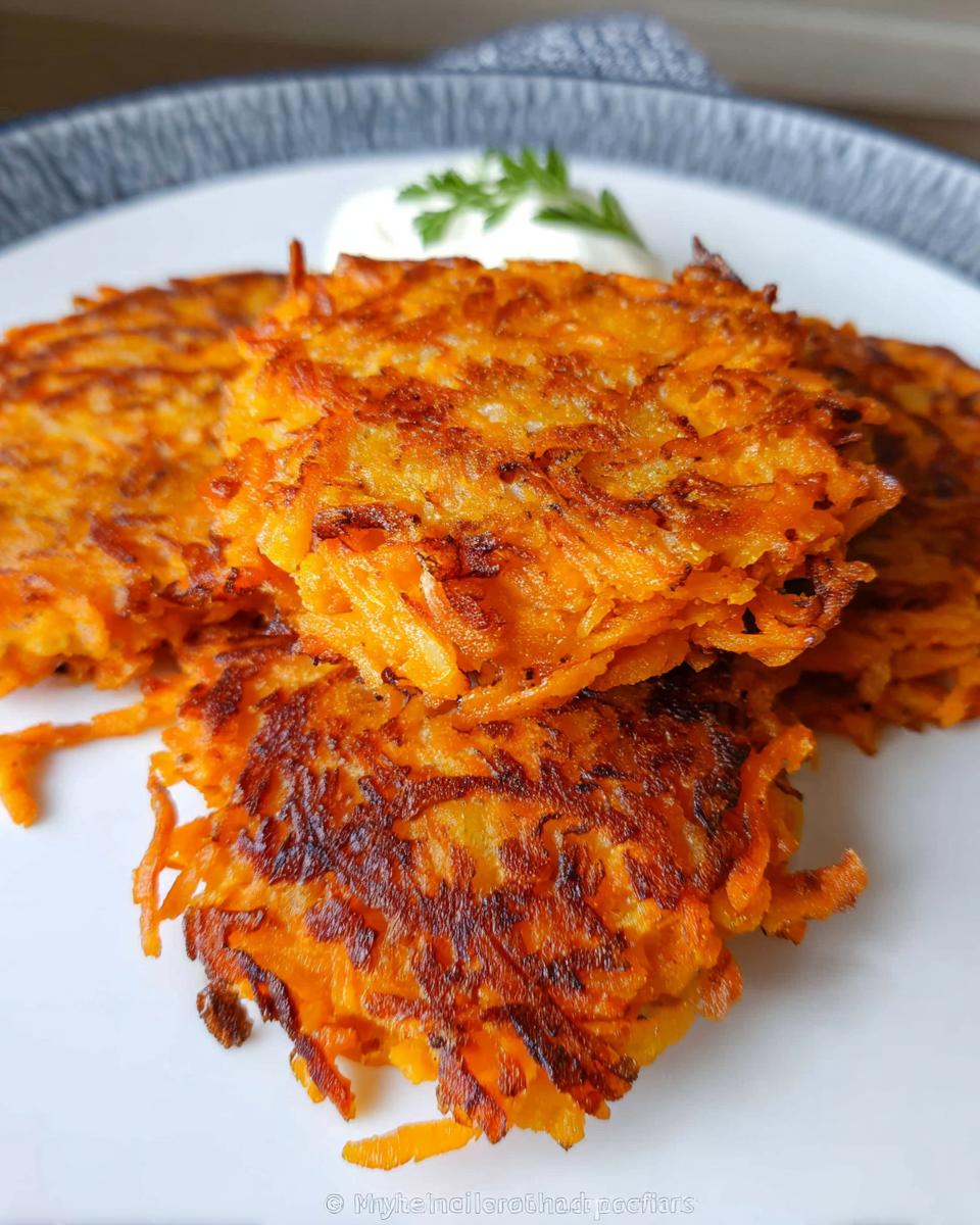 Close-up of golden-brown, crispy Healthy Sweet Potato Hash Browns stacked on a white plate with a dollop of sour cream and a sprig of parsley.