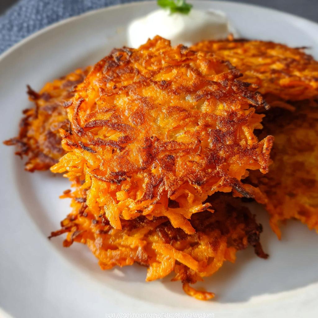 A close-up of golden brown, crispy Healthy Sweet Potato Hash Browns stacked on a white plate with a dollop of sour cream.