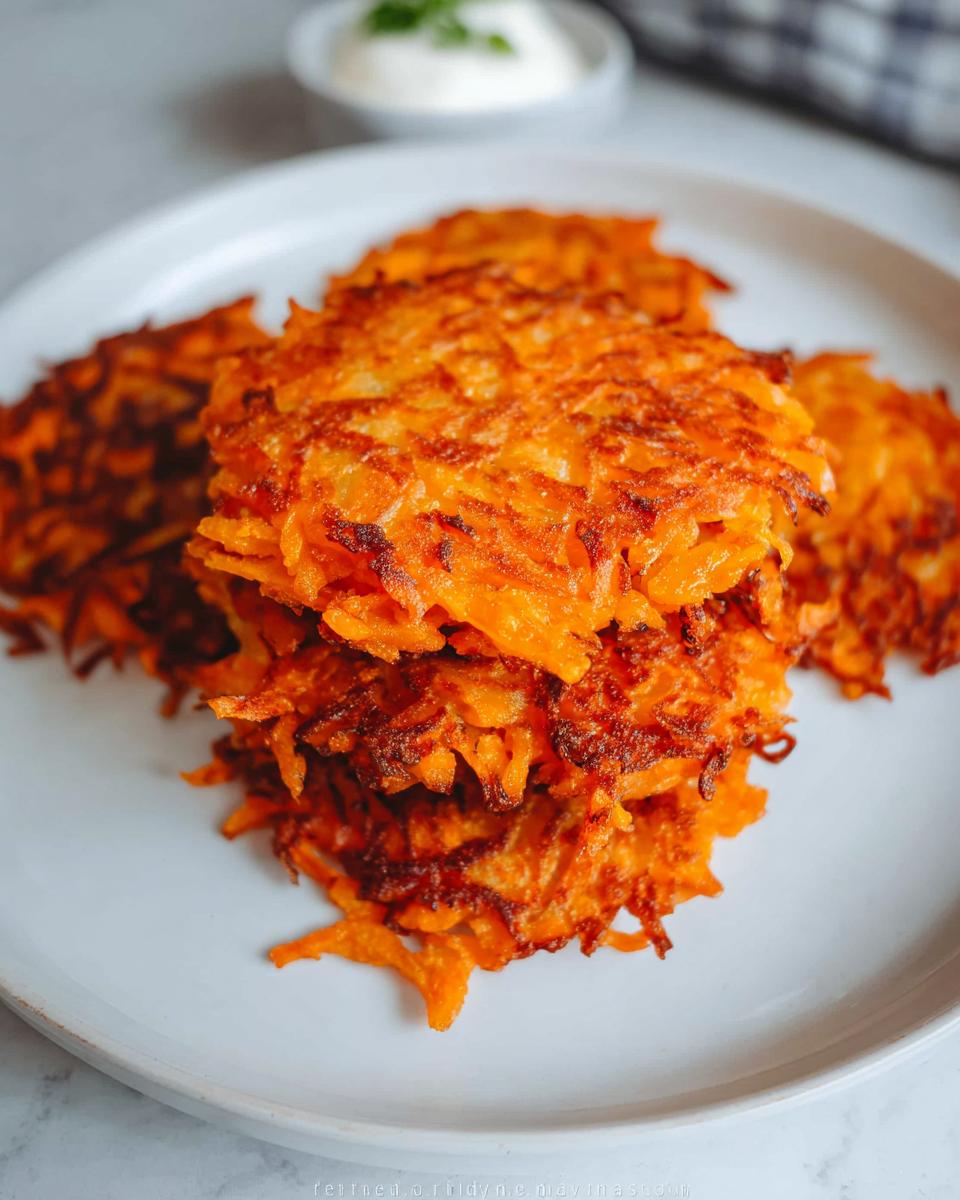 A stack of golden-brown, crispy Healthy Sweet Potato Hash Browns served on a white plate.