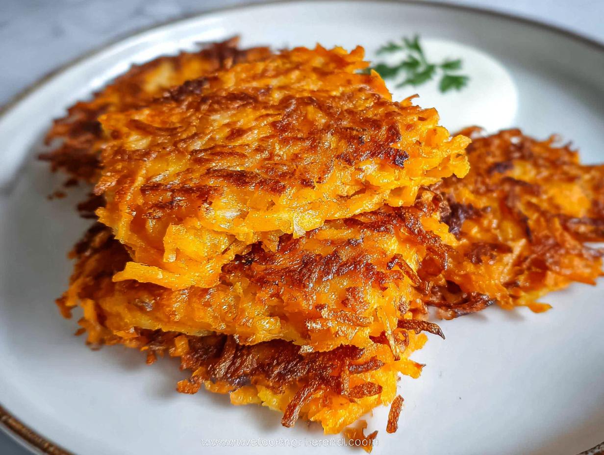 A stack of crispy, golden-brown Healthy Sweet Potato Hash Browns served with a dollop of sour cream and a sprig of parsley.