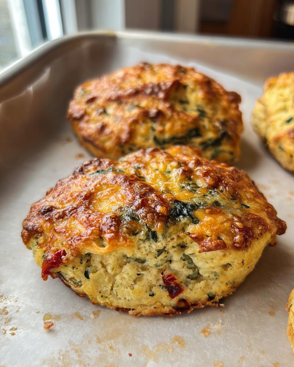 Close-up of golden-brown High Protein Breakfast Biscuits with visible herbs and sun-dried tomatoes.