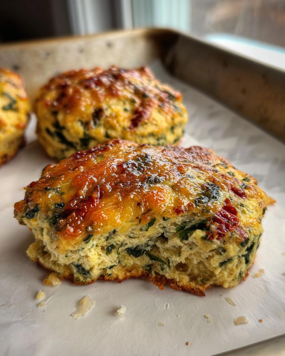 Close-up of a High Protein Breakfast Biscuit with visible spinach and sun-dried tomatoes, topped with melted cheese.