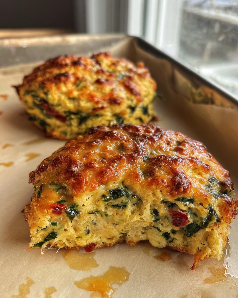 Close-up of a High Protein Breakfast Biscuit with visible spinach, red peppers, and melted cheese.