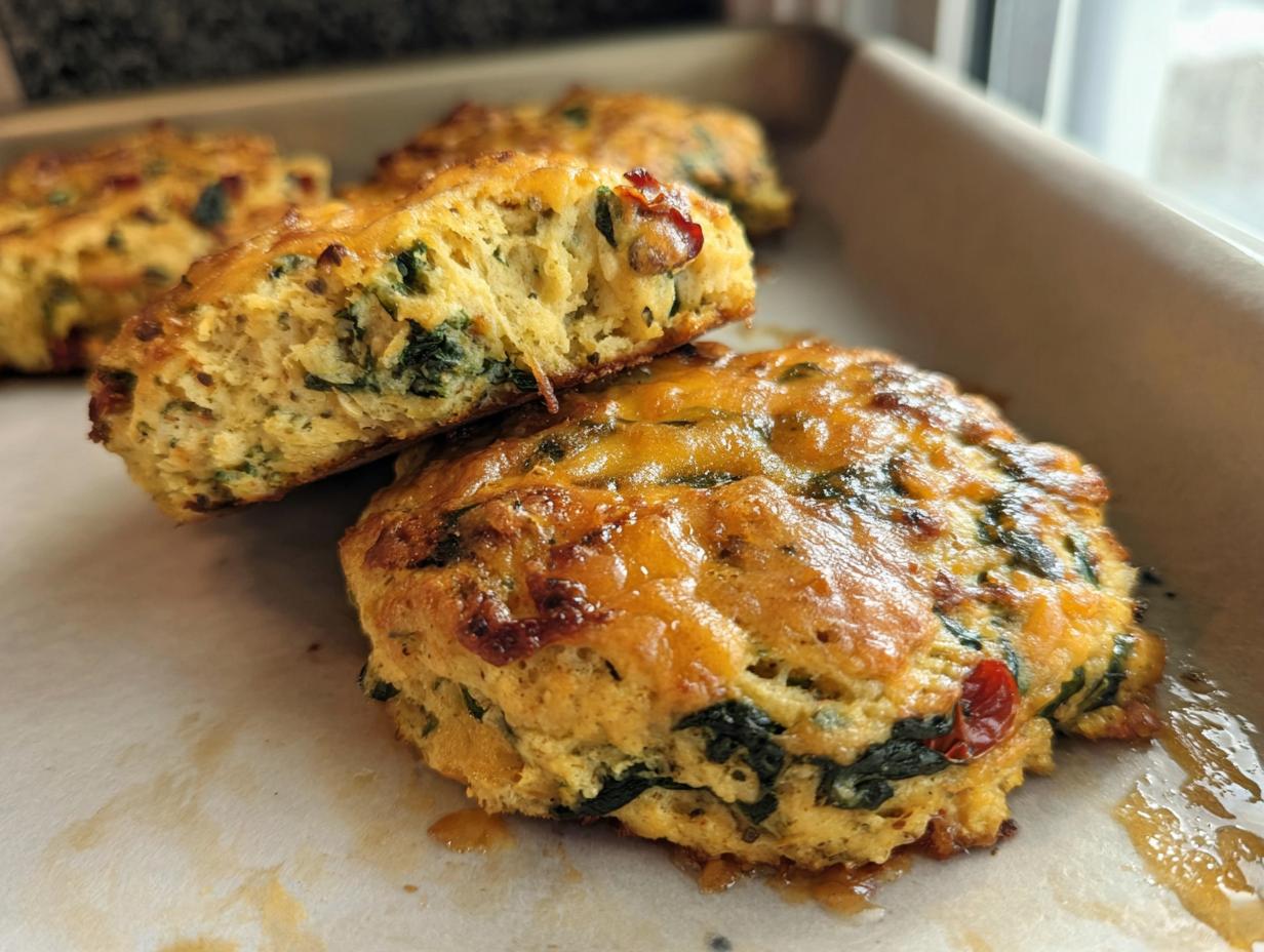 Close-up of a High Protein Breakfast Biscuit, cut in half, revealing spinach and cheese inside.