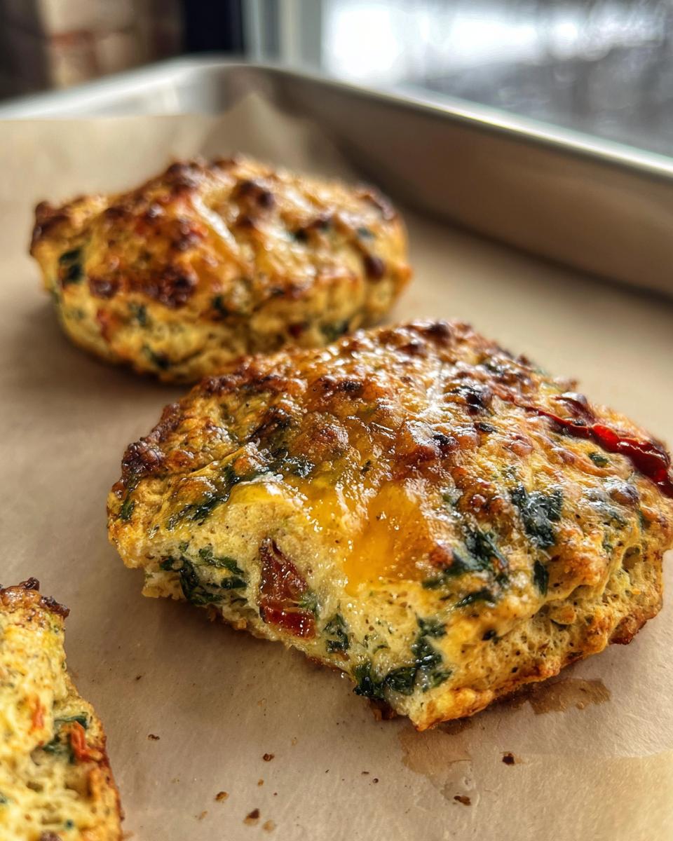 A close-up of a High Protein Breakfast Biscuit, cut open to reveal spinach, sun-dried tomatoes, and melted cheese.