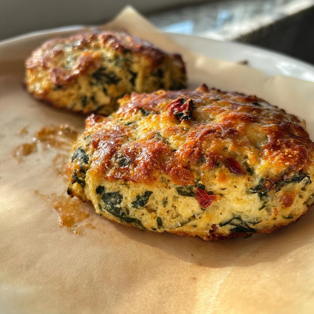 Close-up of two golden-brown High Protein Breakfast Biscuits, studded with spinach and red pieces, on parchment paper.