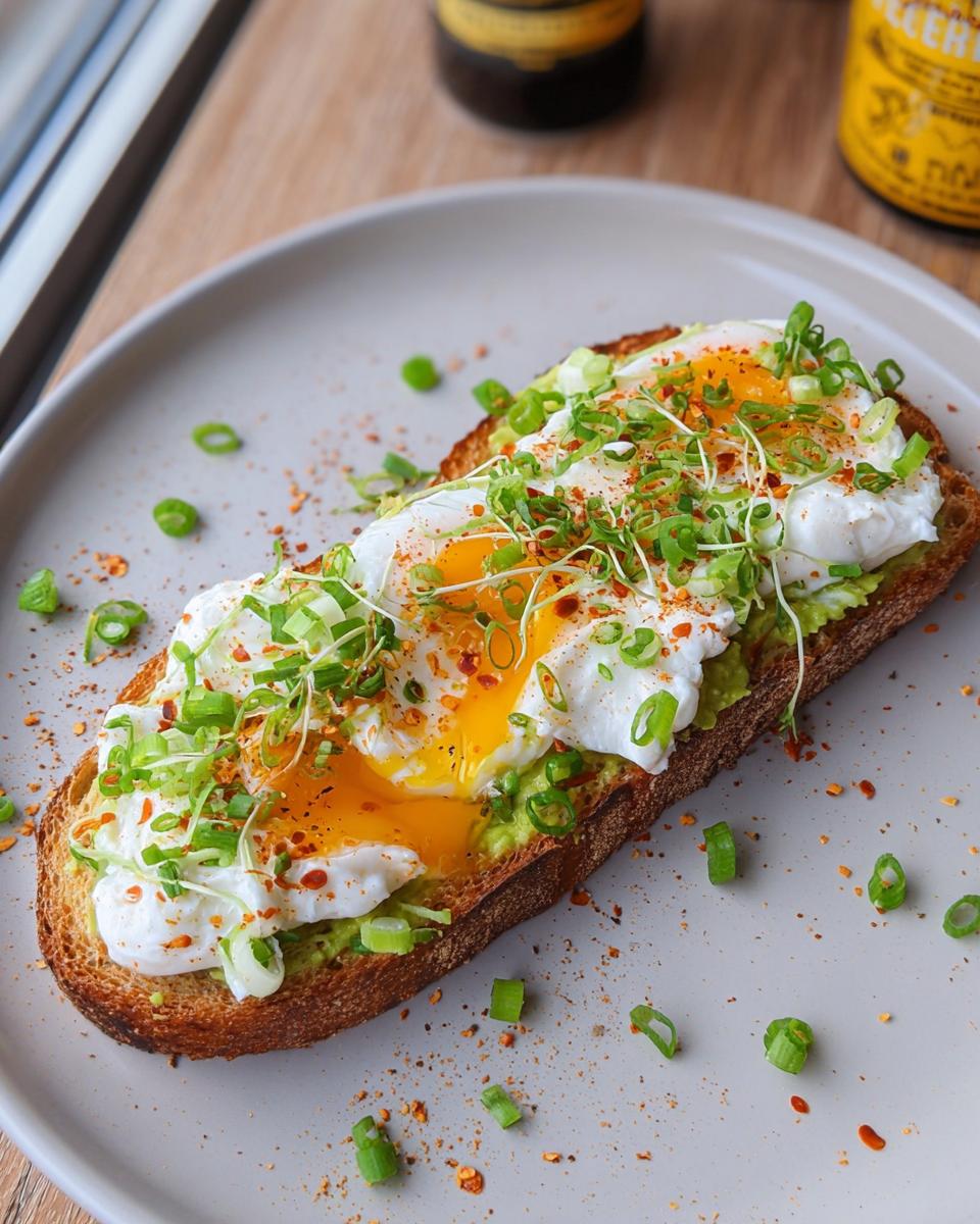 A slice of toast topped with mashed avocado, two poached eggs, green onions, and sprouts, a perfect high-protein breakfast.