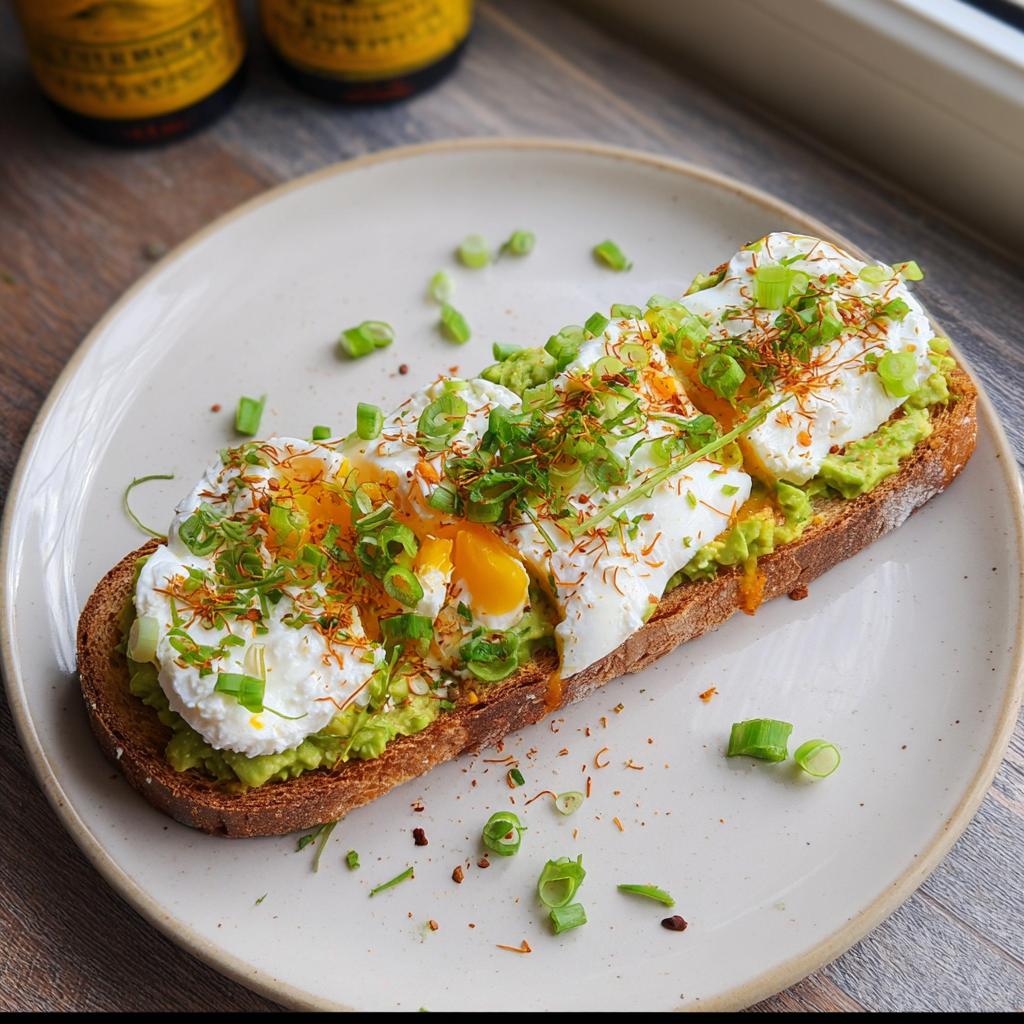 A slice of toast topped with mashed avocado, poached eggs, and green onions, representing a high-protein breakfast.