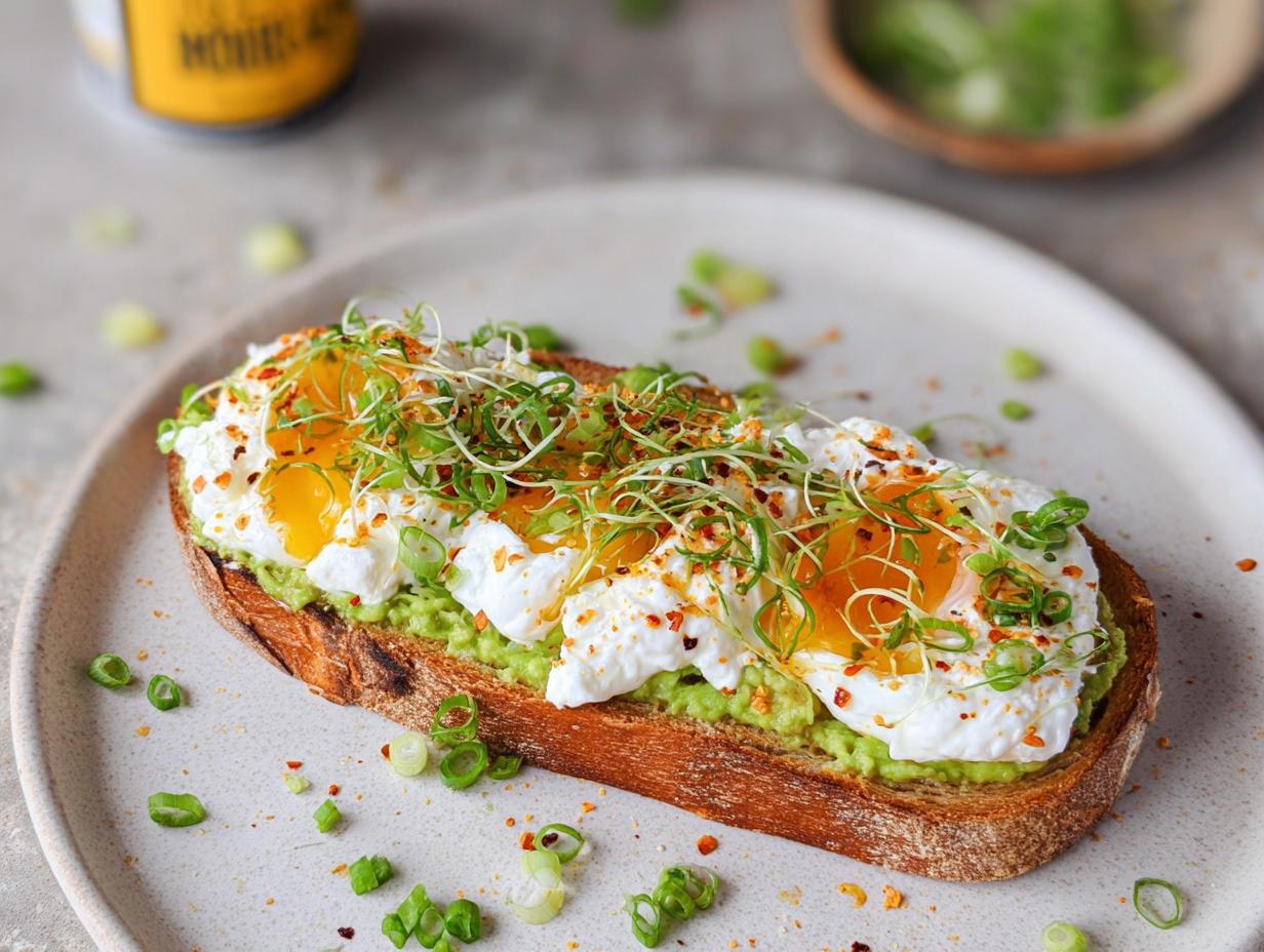 A slice of toast topped with mashed avocado, cottage cheese, poached eggs, sprouts, and green onions.