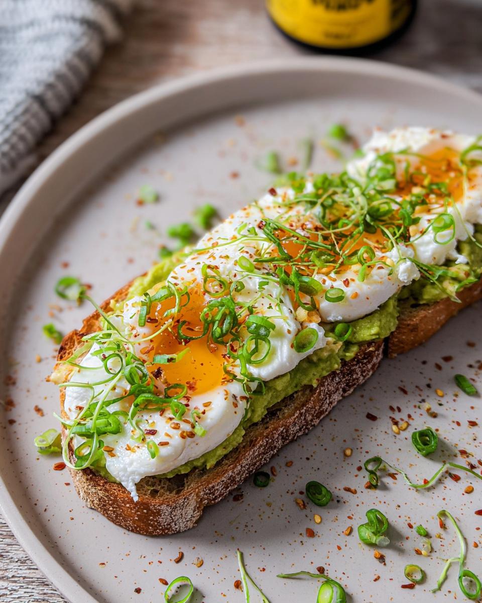 A slice of whole-wheat toast topped with mashed avocado, poached eggs, and green onions, a perfect High-Protein Breakfast.