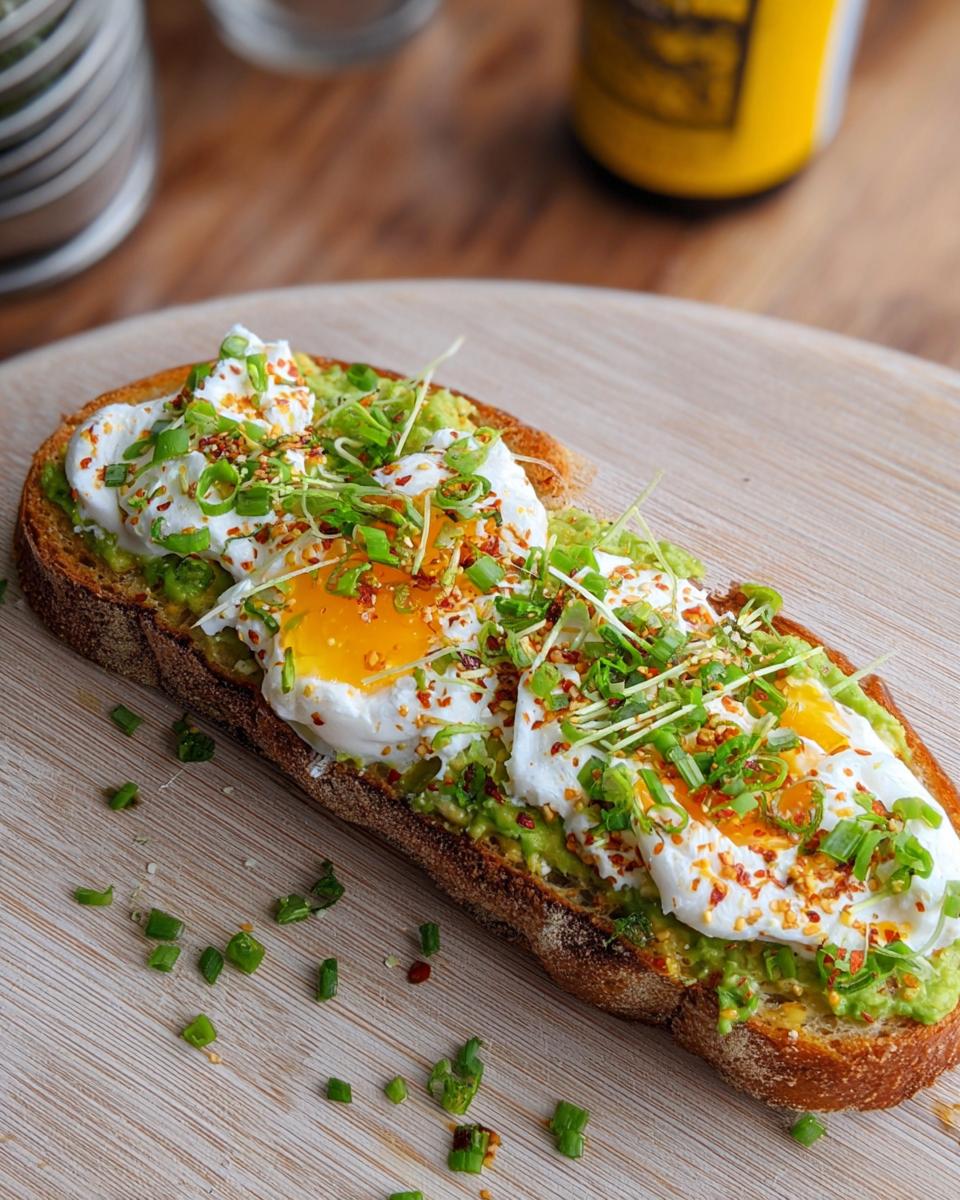 A slice of toast topped with mashed avocado, poached eggs, and green onions, representing a high-protein breakfast.