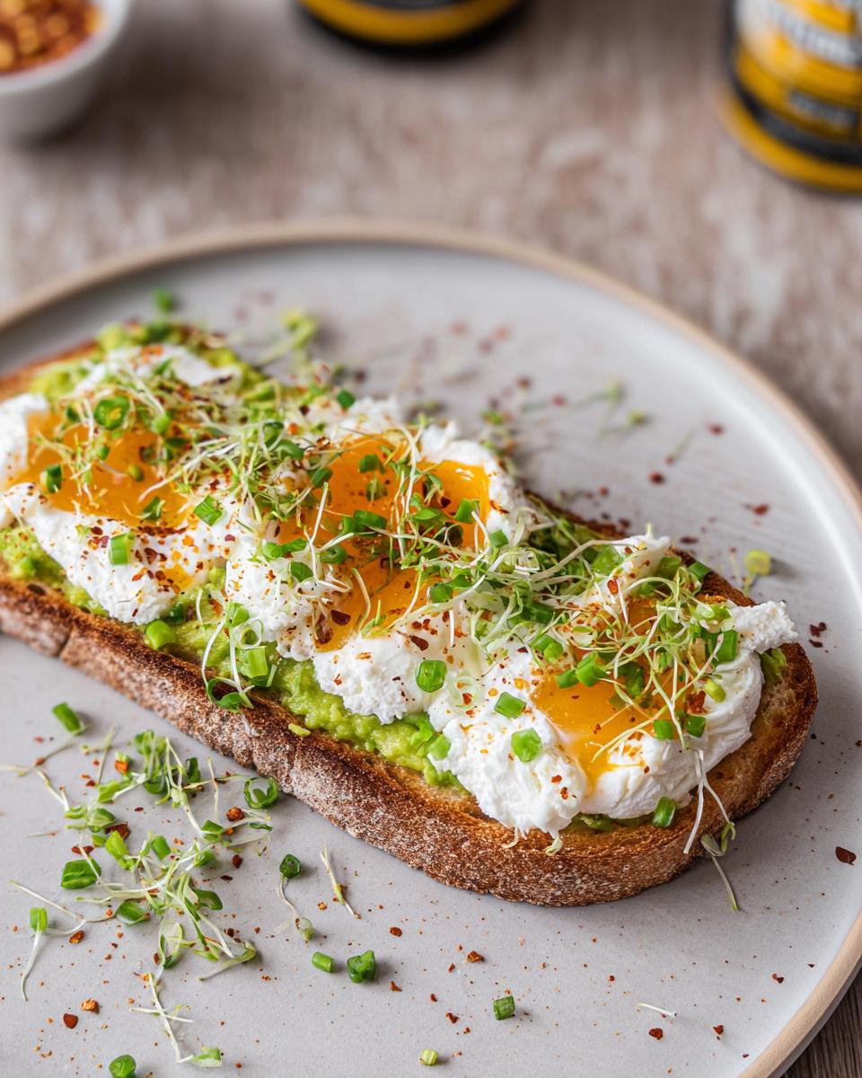 A slice of toast topped with mashed avocado, cottage cheese, poached eggs, sprouts, and chives.