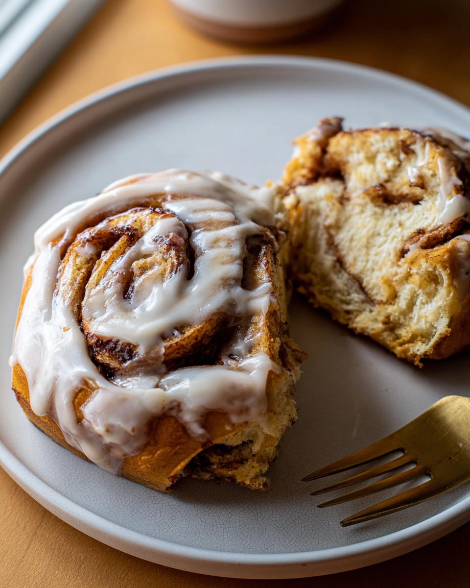 A close-up of a high-protein cinnamon roll bread made with cottage cheese, drizzled with icing.