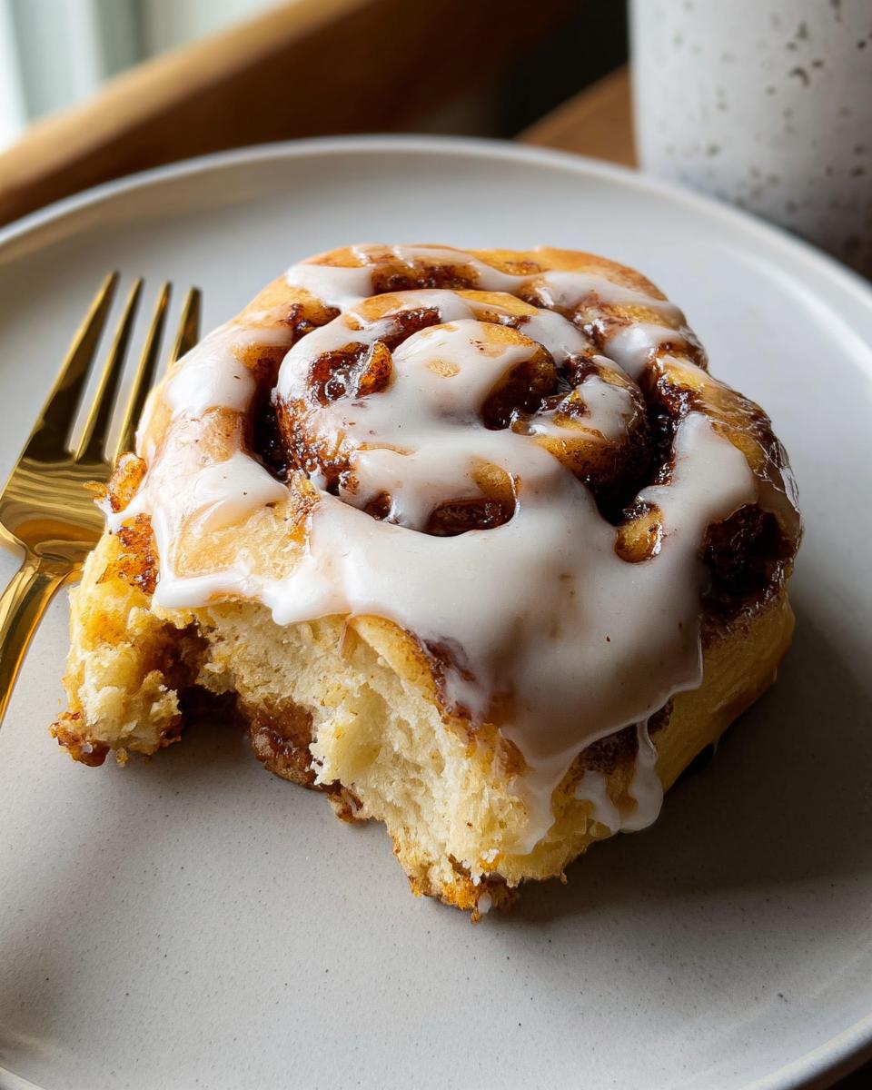 A bite taken out of a high-protein cinnamon roll bread, drizzled with white icing.
