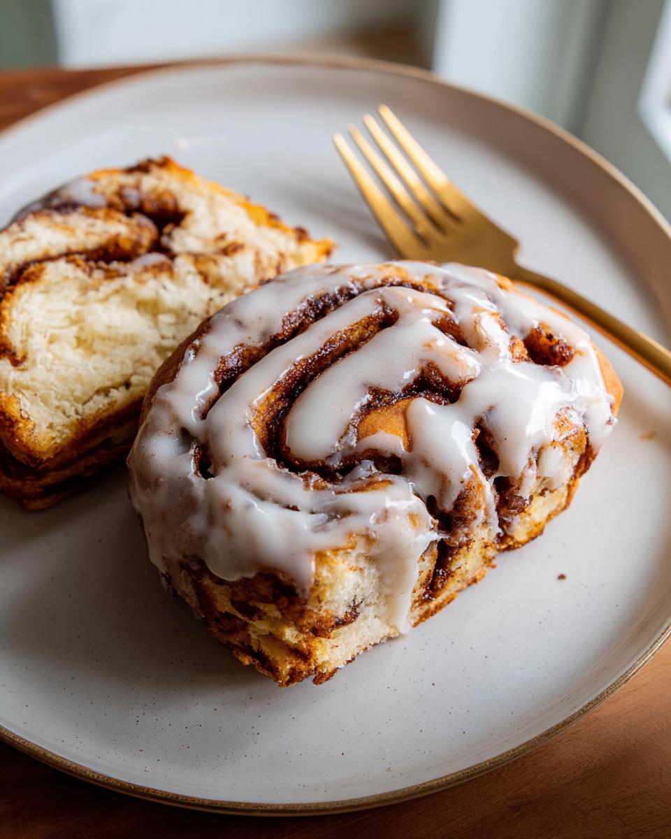 Close-up of a slice of high-protein cinnamon roll bread, drizzled with white icing, on a plate with a fork.