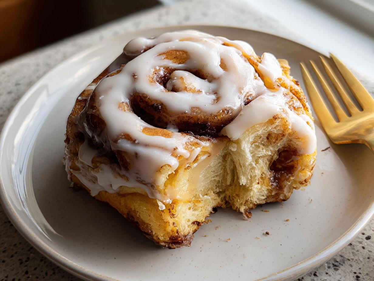 A bite taken out of a high-protein cinnamon roll bread, drizzled with icing, on a plate with a gold fork.