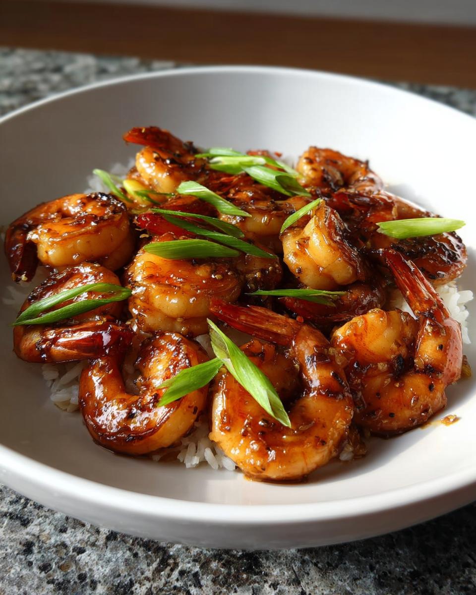 A bowl of fluffy white rice topped with glistening High-Protein Honey Garlic Shrimp and garnished with fresh green onions.