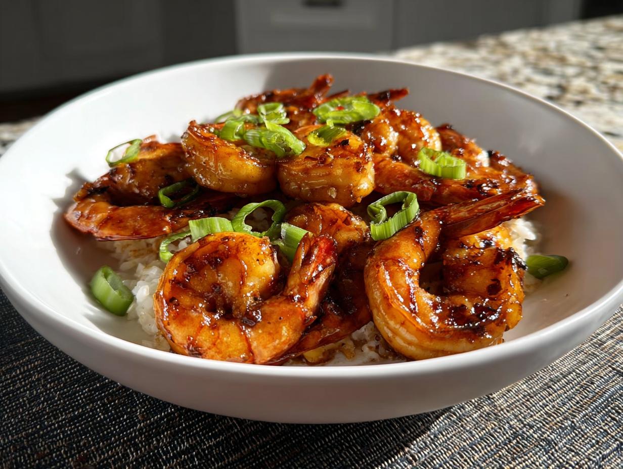 A bowl of fluffy white rice topped with glistening High-Protein Honey Garlic Shrimp and chopped green onions.