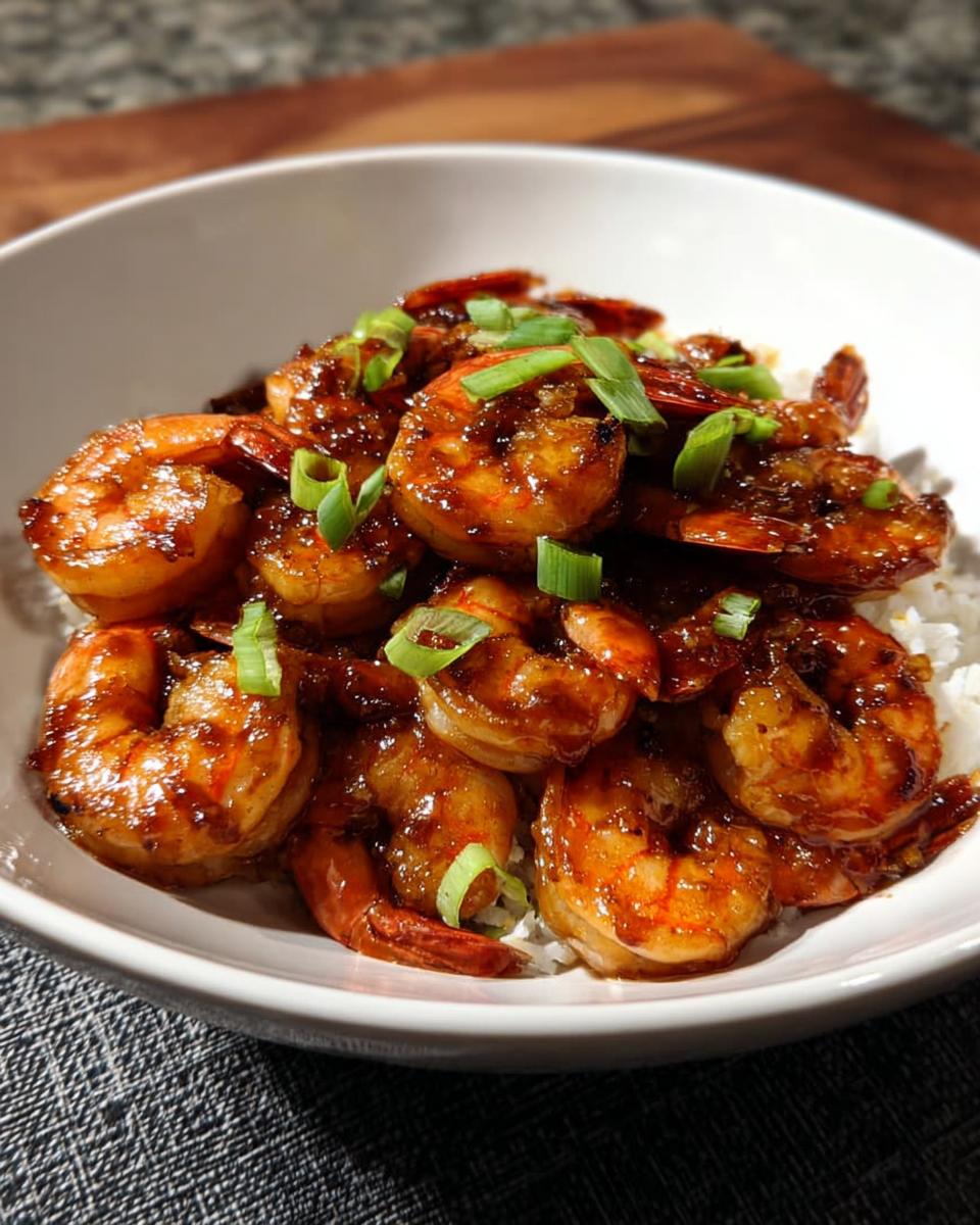 A bowl of fluffy white rice topped with glistening High-Protein Honey Garlic Shrimp and chopped green onions.