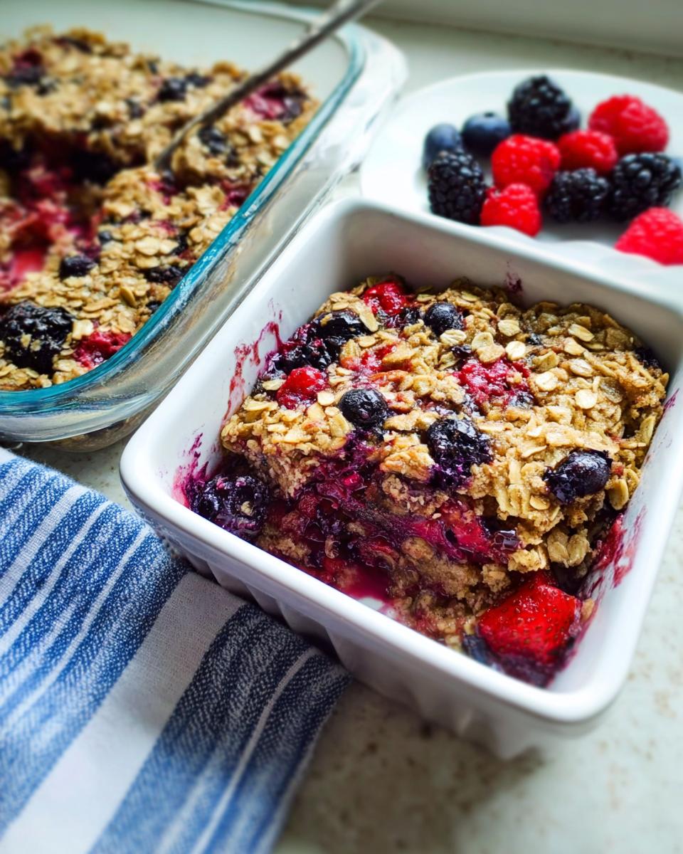 A close-up of a High Protein Triple Berry Bake in a white baking dish, topped with oats and fresh berries.
