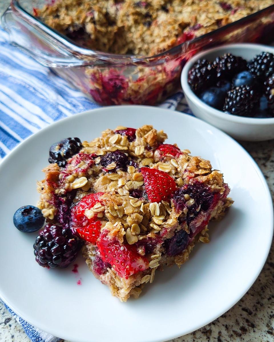 A slice of High Protein Triple Berry Bake on a white plate, topped with oats and fresh berries.