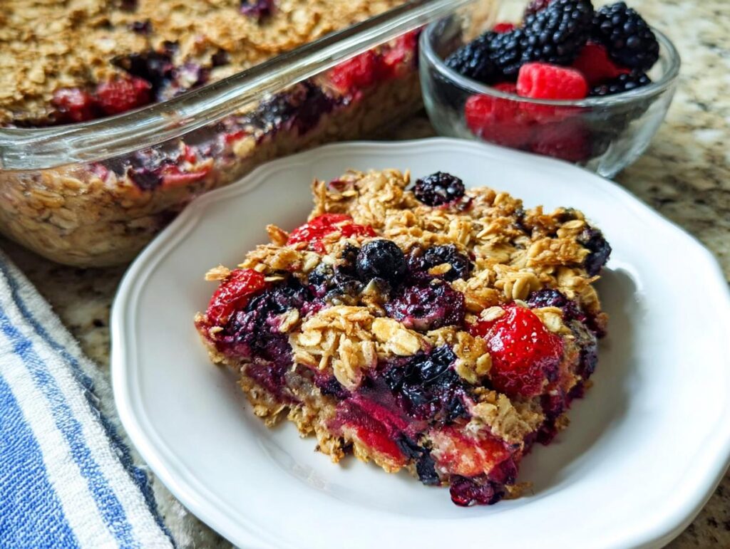 A slice of High Protein Triple Berry Bake on a white plate, topped with oats and mixed berries.