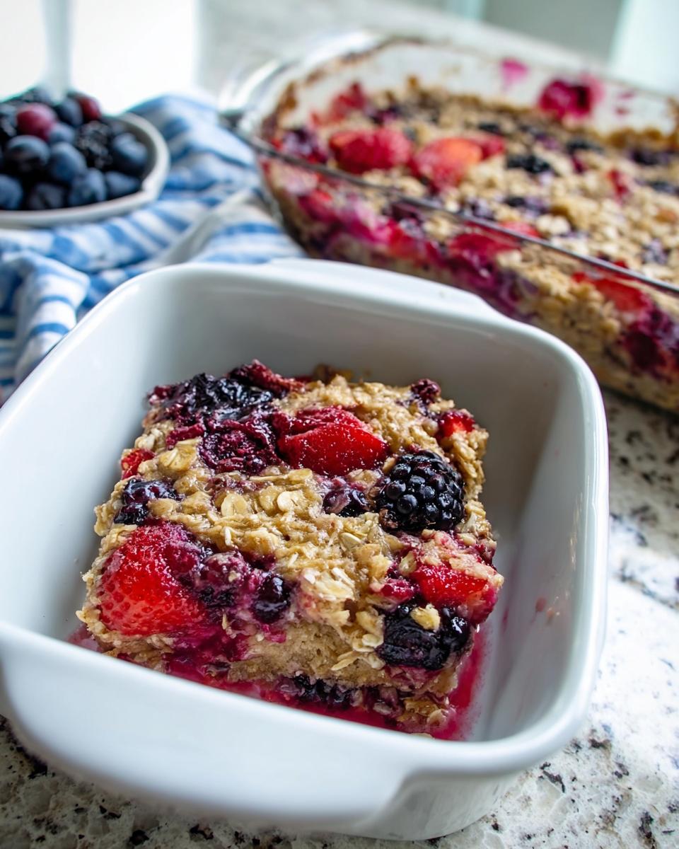 A slice of High Protein Triple Berry Bake in a white dish, topped with oats and mixed berries.