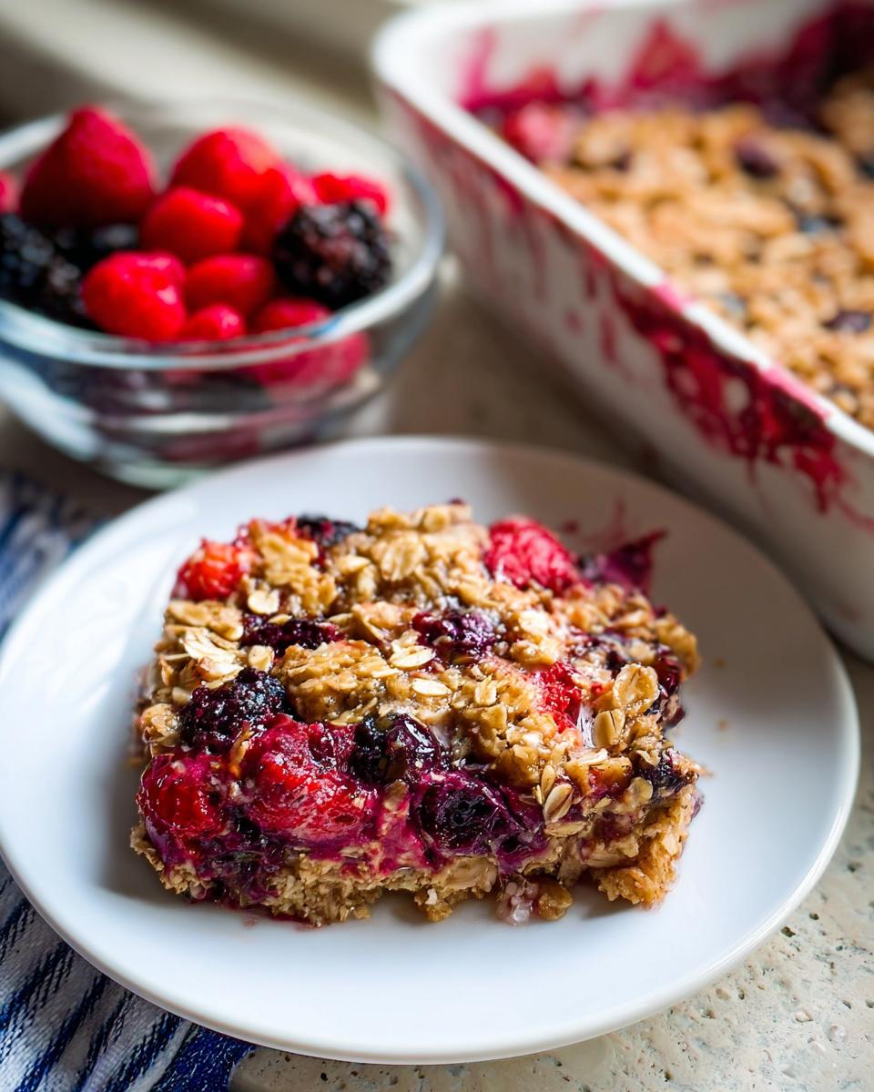 A slice of High Protein Triple Berry Bake on a white plate, showcasing oats, berries, and a crumb topping.