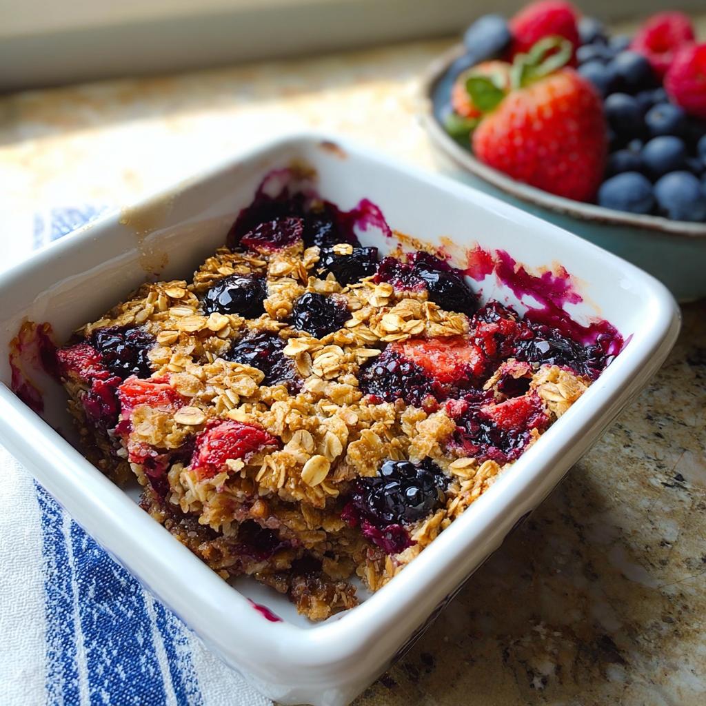 A close-up of a High Protein Triple Berry Bake in a white dish, topped with oats and mixed berries.