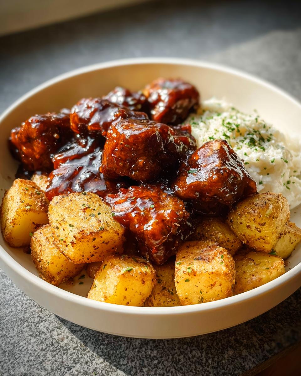 A bowl of Honey BBQ Chicken and Garlic Parmesan Potatoes, garnished with parsley.