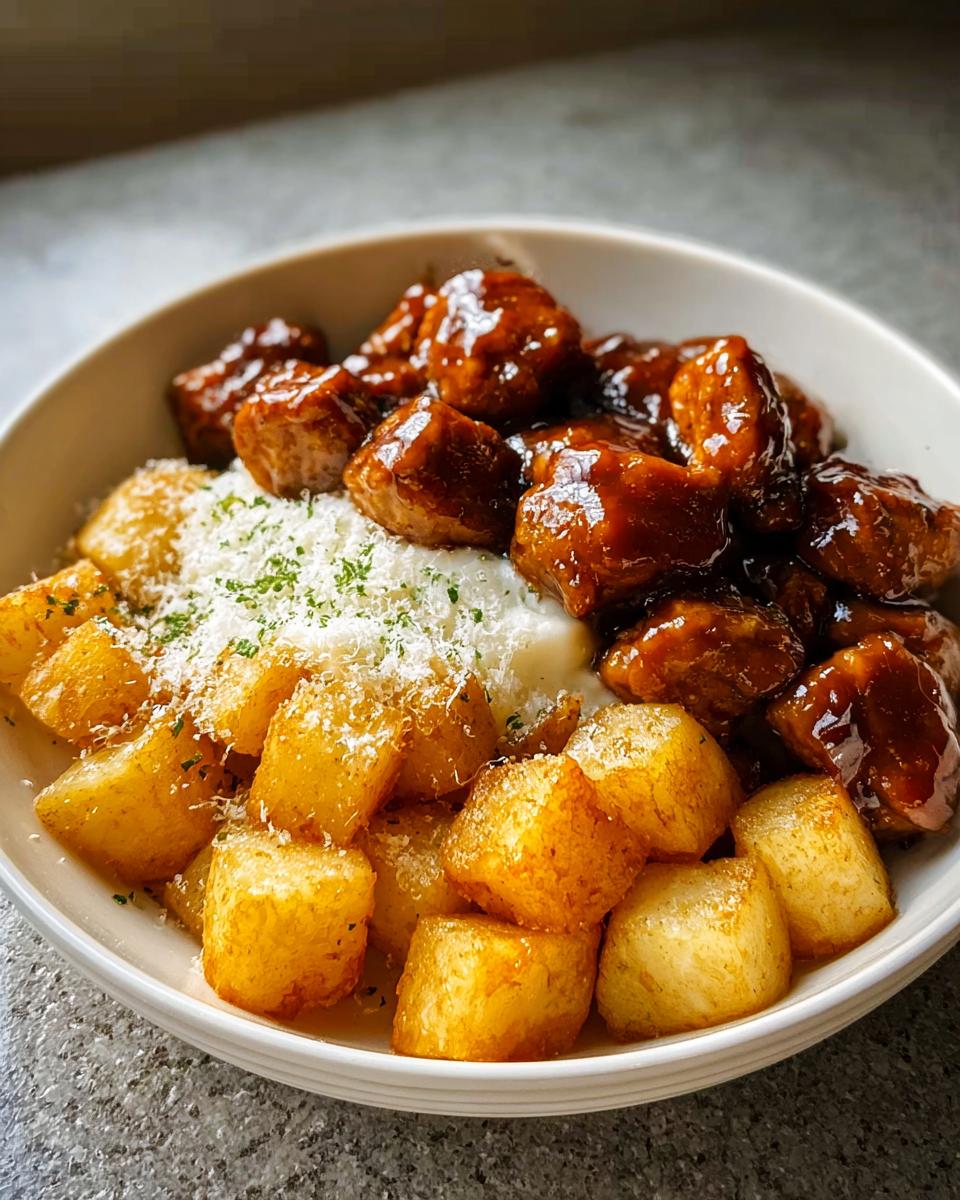 A bowl of Honey BBQ Chicken & Garlic Parmesan Potatoes, with glazed chicken pieces and crispy potatoes topped with cheese.
