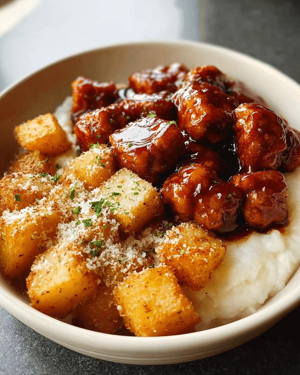 A bowl of Honey BBQ Chicken and Garlic Parmesan Potatoes, with crispy potato cubes topped with cheese and herbs.