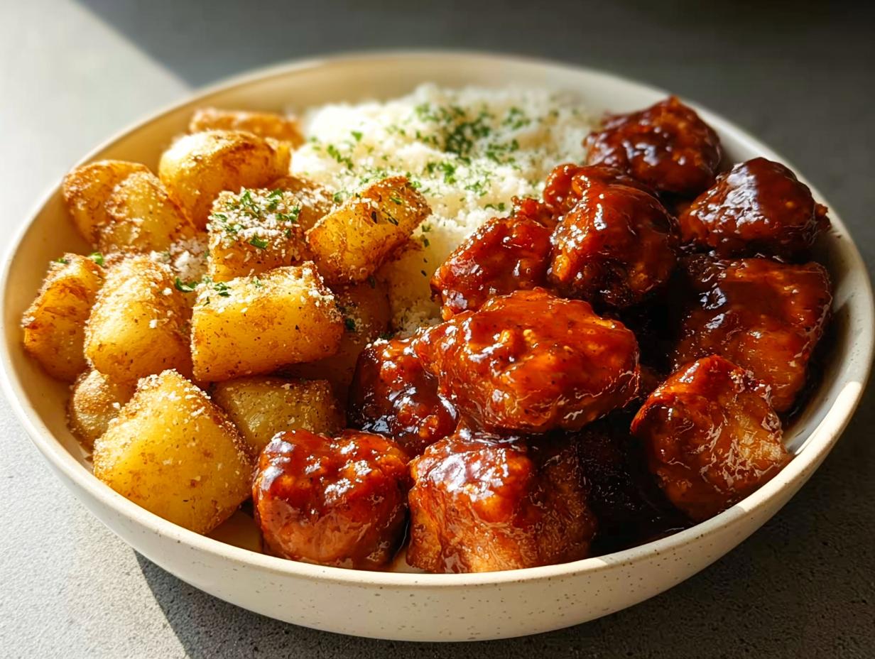 A bowl filled with Honey BBQ Chicken and Garlic Parmesan Potatoes, topped with shredded cheese and parsley.