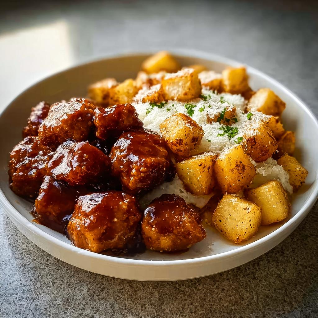 A bowl of Honey BBQ Chicken & Garlic Parmesan Potatoes, with glazed chicken pieces and crispy potatoes topped with cheese and herbs.