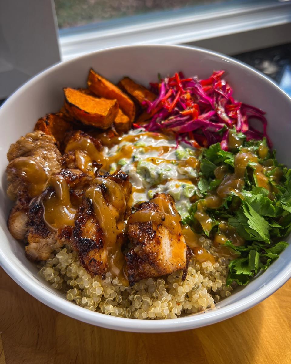 A vibrant Hot Honey Chicken Bowl Recipe featuring grilled chicken, quinoa, sweet potato wedges, slaw, and fresh greens.