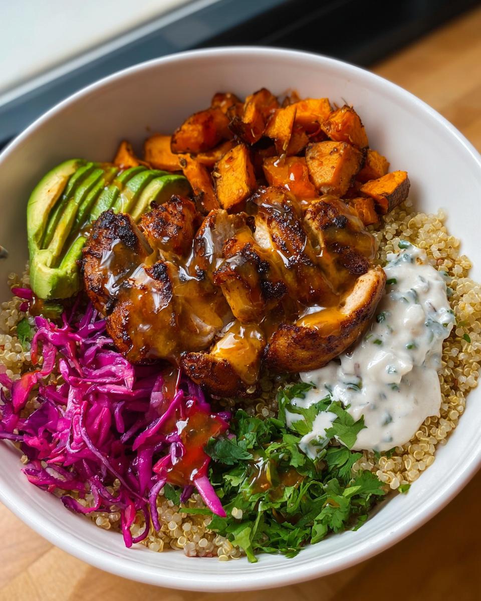 A vibrant Hot Honey Chicken Bowl Recipe featuring grilled chicken, avocado, sweet potatoes, red cabbage, quinoa, and a creamy sauce.