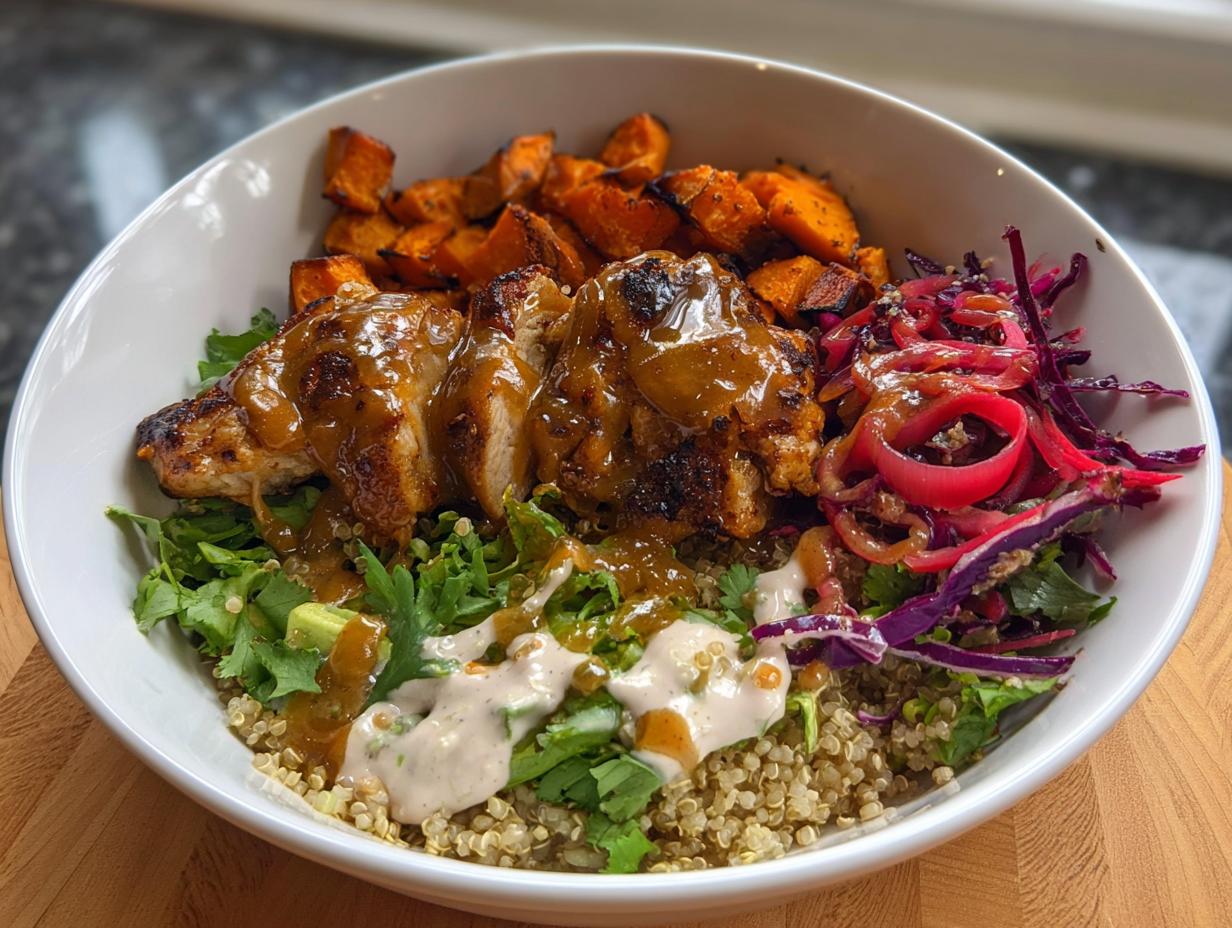 A delicious Hot Honey Chicken Bowl featuring grilled chicken, roasted sweet potatoes, quinoa, and red cabbage slaw.