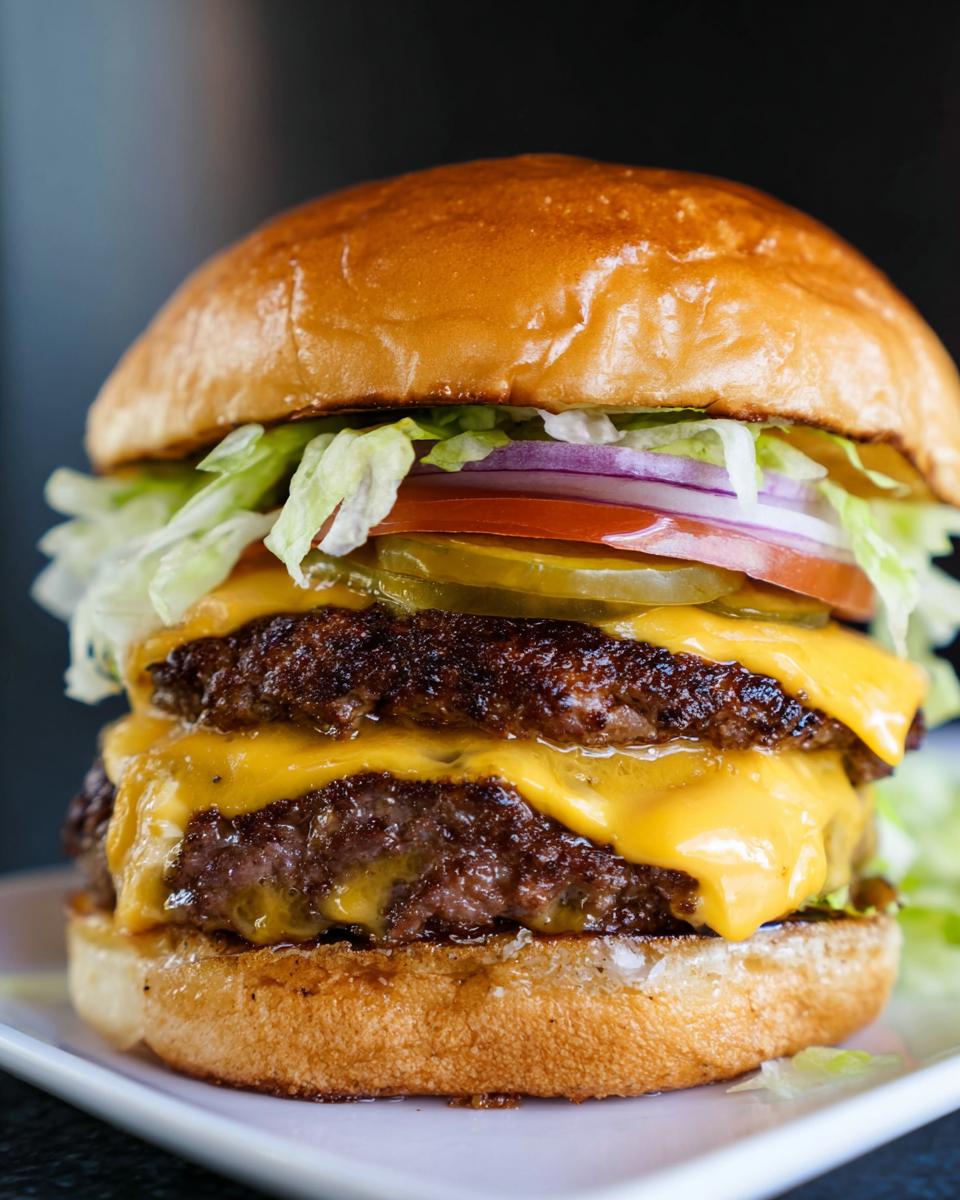 A double patty smash burger with melted cheese, lettuce, tomato, onion, and pickles on a bun.