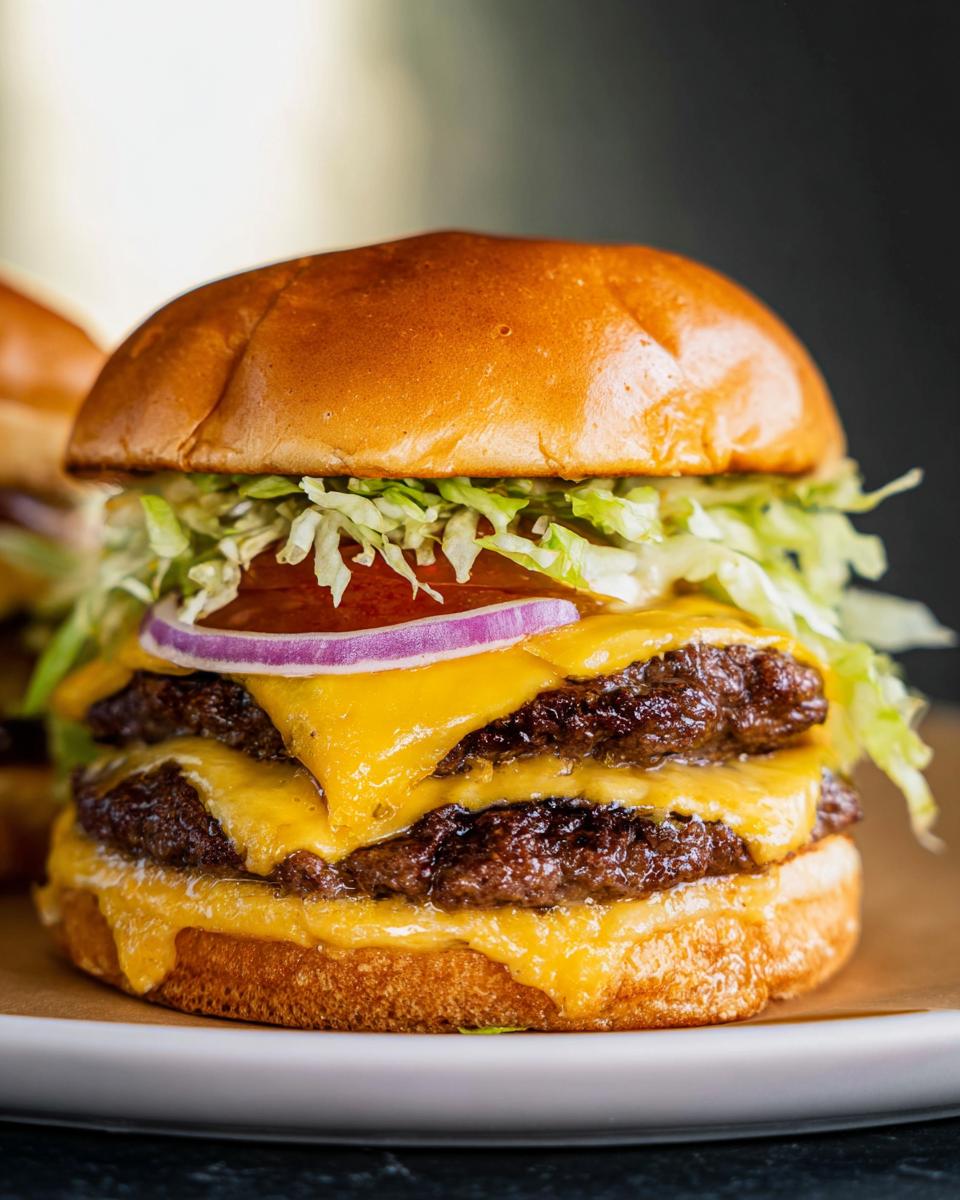 Close-up of a double patty smash burger with melted cheddar cheese, lettuce, tomato, and red onion.