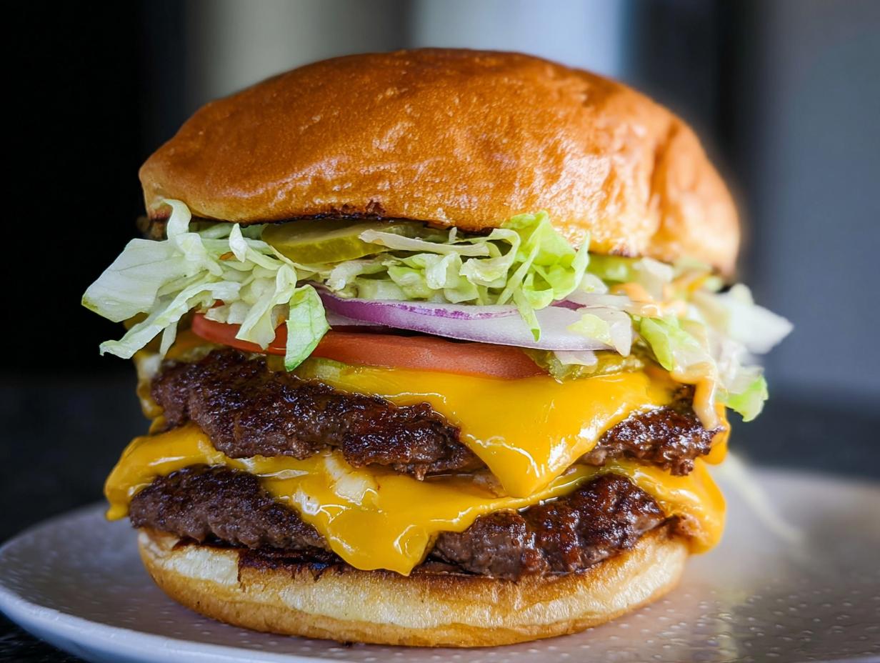 A tall, double-patty smash burger with melted cheddar cheese, fresh lettuce, tomato, onion, and pickles.