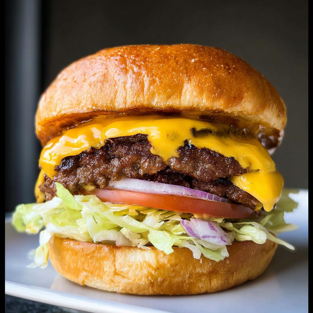A juicy, double-patty smash burger with melted cheese, fresh lettuce, tomato, and red onion on a toasted bun.