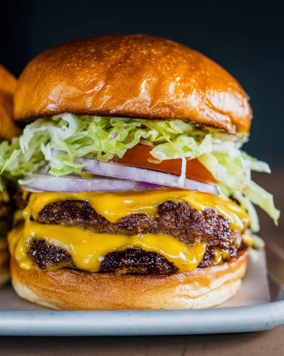A close-up of a double patty smash burger with melted cheese, lettuce, tomato, and red onion on a brioche bun.