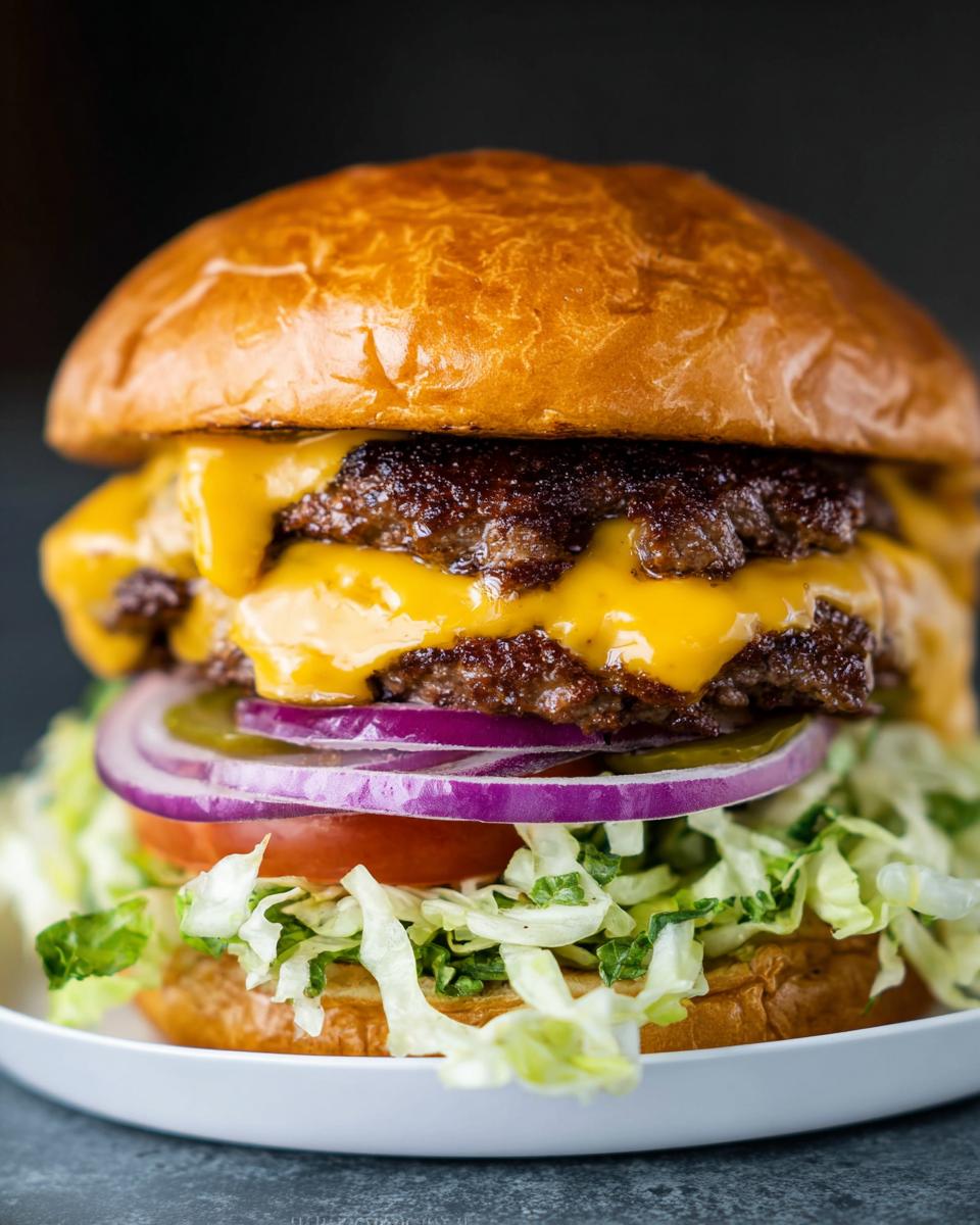A juicy, double-patty smash burger with melted cheese, lettuce, tomato, onion, and pickles on a brioche bun.